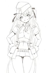  ash_arms b-kyuu_ocha belt_pouch cape collar commentary_request female greyscale grin hair_between_eyes hair_ornament hat long_hair looking_at_viewer midriff military military_hat military_uniform monochrome navel panzer_ii_ausf_c_(ash_arms) pouch smile solo uniform 