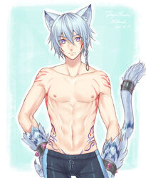  1boy animal_ear_fluff animal_ears blue_hair body_markings bracelet braid claws closed_mouth collarbone crash_fever dated enkidu_(crash_fever) eyes_visible_through_hair facial_mark hair_between_eyes jewelry light_blue_hair looking_at_viewer male_focus male_swimwear navel nipples outline purple_eyes signature slit_pupils solo spiked_bracelet spikes swim_briefs swimsuit tail tail_ornament tail_ring tenjou_tsuki topless_male white_outline 