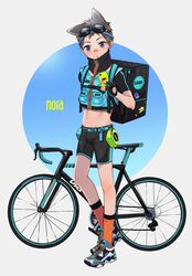  1boy backpack bag bandaid bandaid_on_face bandaid_on_nose belt bicycle bike_shorts black_hair blue_eyes blush cellphone chip_ice fingerless_gloves full_body gloves highres male_focus midriff navel orange_socks original phone shoes sneakers socks solo 