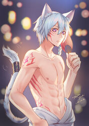  1boy animal_ear_fluff animal_ears blue_hair blurry blurry_background body_markings braid closed_mouth collarbone crash_fever dated enkidu_(crash_fever) facial_mark fingernails hair_between_eyes hand_fan hand_on_own_hip holding holding_fan jewelry light_blue_hair looking_at_viewer male_focus male_swimwear navel nipples purple_eyes signature slit_pupils solo swim_briefs swimsuit tail tail_ornament tail_ring tenjou_tsuki topless_male 