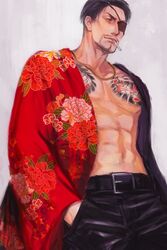  1boy abs aomi_nekosuki black_hair black_pants cigarette eyebrows eyepatch facial_hair floral_background floral_print irezumi japanese_clothes kimono majima_goro male_focus moustache one-eyed open_clothes open_kimono pants pectorals ryuu_ga_gotoku ryuu_ga_gotoku_(series) tattoo toned toned_male two-tone_kimono 