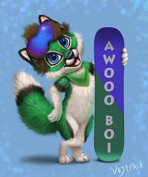  absurd_res anthro canid canine chibi fluffy fluffy_tail fox hi_res jib_kodi_(character) looking_at_viewer male mammal snowboard solo tail vestina 