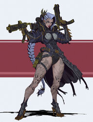  absurdres android belt black_belt black_sclera blue_eyes braid braided_ponytail chest_harness clawed_boots colored_sclera dual_wielding earrings female full_body gun harness high_heels highres holding holding_gun holding_weapon hoop_earrings jewelry knife lee_kimsan leg_tattoo leotard mechanical_arms o-ring o-ring_harness original purple_hair red_lips seams single_braid solo tattoo thigh_belt thigh_strap weapon 