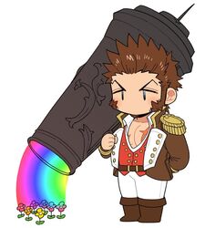  1boy arm_behind_back bad_id bad_twitter_id blank_eyes brown_hair cannon chibi cross_scar epaulettes facial_hair fate/grand_order fate_(series) flower full_body goatee holding holding_weapon huge_weapon jacket long_sideburns long_sleeves male_focus military military_uniform napoleon_bonaparte_(fate) navel no_mouth open_clothes pants partially_unbuttoned pectoral_cleavage pectorals rainbow rainbow_gradient scar scar_on_chest shitappa short_hair sideburns solo uniform watering weapon white_background white_pants 