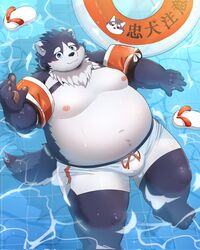  anthro belly blue_eyes blush bottomwear bulge canid canine canis clothing domestic_dog eyebrows floatie floating footwear fur grey_body grey_fur harima hi_res inflatable japanese_text kemonuo looking_at_viewer male mammal moobs navel nipples novembe41511045 overweight overweight_male sandals shorts smile solo swim_ring swimming swimming_pool tamacolle text thick_eyebrows 