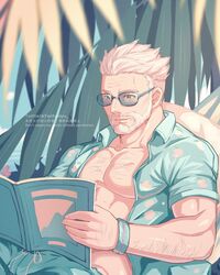  1boy alternate_costume aqua_eyes aqua_shirt arm_hair bad_id bad_twitter_id bara beard book branch chest_hair collared_shirt facial_hair fate/grand_order fate_(series) hairy hawaiian_shirt highres holding holding_book looking_down male_focus mature_male muscular muscular_male old old_man open_book open_clothes open_magazine open_shirt pectoral_cleavage pectorals shirt short_hair solo summer sunglasses upper_body white_hair william_tell_(fate) yaekaidou 