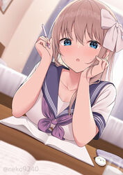  bed black_sailor_collar blue_eyes blush book bow breast_rest breasts breasts_on_table brown_hair cup drink drinking_glass dutch_angle eraser female hairbow holding holding_pen homework indoors large_breasts long_hair looking_at_viewer neckerchief nekokobushi open_book original pen pencil_case pov purple_neckerchief sailor_collar school_uniform serafuku shirt short_sleeves solo table twitter_username upper_body white_bow white_shirt 