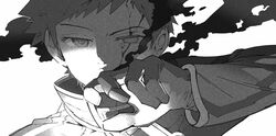  1boy bleeding blood covered_mouth cracked_skin gloves greyscale hand_up highres injury jacket kazama_souya kazama_squad&#039;s_uniform kzmsnmjkk long_sleeves looking_at_viewer male_focus monochrome one-eyed portrait short_hair simple_background smoke solo uniform world_trigger 