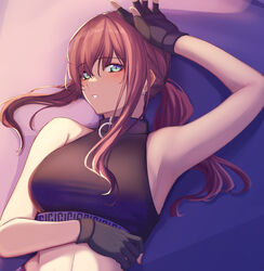  3_small_spiders absurdres ar-57_(girls&#039;_frontline) black_gloves black_tank_top blue_eyes blush breasts commentary_request crop_top earrings female fingerless_gloves girls&#039;_frontline gloves hair_between_eyes hair_ornament hand_on_own_head hand_on_own_stomach highres jewelry long_hair looking_at_viewer lying medium_breasts on_back open_mouth piercing pink_hair simple_background solo stud_earrings tank_top upper_body 