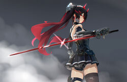  banxuan_c2ka bare_back bare_shoulders black_dress black_hair black_thighhighs dress earrings fake_horns female from_behind from_below gradient_hair hair_between_eyes headgear highres holding holding_sword holding_weapon horns jewelry katana lucia:_dawn_(punishing:_gray_raven) lucia_(punishing:_gray_raven) mechanical_arms mechanical_parts multicolored_hair parted_bangs punishing:_gray_raven red_eyes red_hair red_horns sidelocks single_thighhigh solo streaked_hair sword thigh_strap thighhighs twintails weapon 