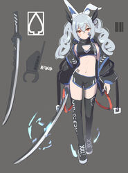  absurdres animal_ears bad_id bad_pixiv_id barcode barcode_tattoo bare_shoulders black_footwear black_jacket black_shirt black_shorts black_thighhighs canizzz cleavage_cutout closed_mouth clothing_cutout commission crop_top dolphin_shorts expressionless facial_mark female full_body grey_background grey_hair hair_ribbon highres holding holding_sword holding_weapon jacket katana lapin_(wendle) long_hair long_sleeves looking_at_viewer midriff multicolored_hair navel off_shoulder open_clothes open_jacket original rabbit_ears red_eyes revealing_clothes ribbon shirt shoes short_shorts shorts sleeveless sleeveless_shirt sneakers solo stomach streaked_hair sword tattoo thighhighs thighs twintails weapon 