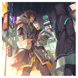  1boy 1other alternate_costume arknights black_gloves black_hair black_pants bubble_tea building coat cup dark-skinned_male dark_skin disposable_cup doctor_(arknights) english_commentary fingerless_gloves gloves highres holding holding_cup hood hood_down hood_up hooded_coat lamppost long_sleeves manjyufroth newspaper night orange_eyes outdoors pants ponytail rain sign sky thorns_(arknights) walking 