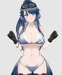  absurdres alternate_costume animal_ears arknights astgenne_(arknights) baron_kinoko bikini bird_ears black_gloves black_thighhighs blue_bikini blue_eyes blue_hair blush breasts bright_pupils cleavage cowboy_shot diamond-shaped_pupils diamond_(shape) embarrassed female furrowed_brow gloves goggles goggles_on_head grey_background groin halterneck highres large_breasts long_hair looking_at_viewer micro_bikini navel parted_lips ponytail rhine_lab_logo sidelocks simple_background solo standing stomach string_bikini sweatdrop swimsuit symbol-shaped_pupils thigh_gap thighhighs white_pupils wristband 