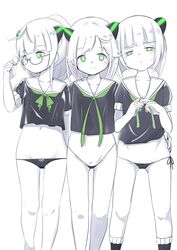  3girls abyssal_bamboo_princess abyssal_plum_princess abyssal_ship bad_id bad_twitter_id black_legwear black_panties blunt_bangs blush closed_mouth colored_skin destroyer_forest_princess glasses green_eyes green_neckerchief highleg highleg_panties highres horns inactive_account kantai_collection kneehighs long_hair multiple_girls nassukun neckerchief pale_skin panties ponytail sailor_collar short_hair short_sleeves side-tie_panties smile socks tears twirling_hair underwear white_hair white_sailor_collar white_skin 