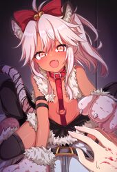  1boy animal_ear_fluff animal_ears animal_hands bangs bare_shoulders bell belt black_pants black_skirt black_thighhighs blush bow breasts cat_ears cat_tail chaldea_uniform chawan_(yultutari) chloe_von_einzbern chloe_von_einzbern_(beast_style) collar command_spell dark-skinned_female dark_skin fake_animal_ears fate/grand_order fate/kaleid_liner_prisma_illya fate_(series) female fujimaru_ritsuka_(male) fur-trimmed_skirt fur_trim gloves hair_between_eyes hairbow highres jingle_bell long_hair looking_at_viewer navel o-ring open_mouth orange_eyes pants paw_gloves pink_hair ponytail red_bow shirt sidelocks sitting sitting_on_person skirt small_breasts smile stomach_tattoo tail tattoo thighhighs thighs white_shirt 