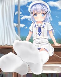  :o bad_id bad_pixiv_id blue_eyes blue_hair blue_necktie blush chestnut_mouth cloud cloudy_sky commentary curtains day desk feet female foot_focus full_body gochuumon_wa_usagi_desu_ka? hair_ornament highres kafuu_chino kafuu_chino&#039;s_school_uniform long_hair looking_at_viewer mukaino_kei necktie no_shoes on_desk school_uniform shirt short_sleeves skirt sky soles white_headwear white_shirt white_skirt window 