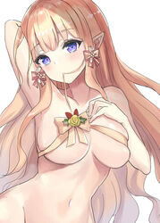  blonde_hair blue_eyes blush bow breasts commentary completely_nude elf female hair_ornament hairbow kohana_(princessxhana) large_breasts long_hair looking_at_viewer naked_ribbon navel nude pointy_ears princess_connect! ribbon saren_(christmas)_(princess_connect!) saren_(princess_connect!) solo 