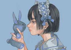  absurdres black_hair blue_background blue_bow blue_eyes blue_theme bob_cut bow closed_mouth commentary earrings female from_side hairbow hands_up headdress heart heart_earrings highres holding holding_stuffed_toy jewelry original profile shirt short_hair simple_background solo stud_earrings stuffed_animal stuffed_rabbit stuffed_toy symbol-only_commentary upper_body white_shirt yudouhu_(yudouhu_yu_102) 