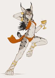  absurd_res anthro armring black_hair container cup ear_piercing ear_ring felid feline female golden_collar hair hi_res lynx mammal mira_(spectronic) piercing ring_piercing smile solo spectronic standing yellow_eyes 