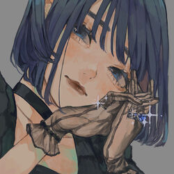  absurdres black_gloves blue_eyes blue_hair bob_cut closed_mouth commentary dutch_angle female frilled_gloves frills gloves grey_background hands_up highres jewelry looking_at_viewer multiple_rings ogasawara_hikari_(true_tears_(eroge)) original own_hands_clasped own_hands_together red_lips ring sheer_gloves short_hair simple_background solo symbol-only_commentary yudouhu_(yudouhu_yu_102) 