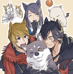  2girls 3boys animal_ears beard_stubble black_gloves black_hair blonde_hair chinstrap_beard clive_rosfield dion_lesage facial_hair final_fantasy final_fantasy_xvi gloves grey_hair grey_wolf group_hug highres hug jill_warrick joshua_rosfield midadol_telamon moogle multiple_boys multiple_girls mustache_stubble one_eye_closed smile stubble t_(t345678912) torgal_(ff16) upper_body wolf wolf_ears 