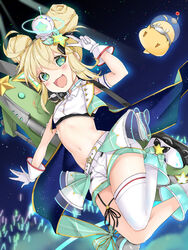  :d albacore_(azur_lane) albacore_(muse)_(azur_lane) arm_up azur_lane bare_shoulders blonde_hair blush boots commentary_request crop_top double_bun female fishbowl_helmet gloves glowstick green_eyes green_vest hair_between_eyes hair_bun highres looking_at_viewer manjuu_(azur_lane) midriff navel open_mouth roller_skates shirt shiruko_(27anko) short_shorts shorts single_thighhigh skates sleeveless sleeveless_shirt smile solo star_(symbol) star_in_eye symbol_in_eye thighhighs thighhighs_under_boots v vest white_footwear white_gloves white_shirt white_shorts white_thighhighs 