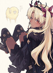  black_cape black_dress black_gloves black_thighhighs blonde_hair blush breasts cape dark-skinned_female dark_skin dress dumuzid_(fate) earrings ereshkigal_(fate) ereshkigal_alter_(fate) fate/grand_order fate_(series) female fur-trimmed_cape fur_trim gloves hair_ribbon highres hoop_earrings jewelry long_hair long_sleeves looking_at_viewer looking_back medium_breasts parted_bangs red_eyes ribbon saipaco sheep sitting thighhighs tiara translated two_side_up 