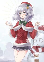  bell blue_eyes capelet commentary_request cowboy_shot female fur-trimmed_capelet fur_trim grey_eyes grey_hair grey_skirt hat hatomaru_(hatomaru56) highres holding holding_snowball kantai_collection kashima_(kancolle) pleated_skirt red_capelet red_hat red_sweater santa_hat skirt snowball snowman solo standing sweater the_roma-like_snowman twintails wavy_hair 