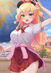  :d absurdres alternate_costume animal_bag animal_ears bear_bag blonde_hair blush bow bowtie clothes_around_waist collared_shirt commentary_request contrapposto double-parted_bangs double_bun fake_animal_ears female green_eyes hair_bun hair_ornament hairclip hand_up highres hololive jacket jacket_around_waist long_hair looking_at_viewer loose_bowtie miniskirt minnie_mouse_ears momosuzu_nene oerba_yun_fang open_mouth outdoors pleated_skirt rabbit_ears red_bow red_bowtie red_skirt shirt short_sleeves skin_fang skirt smile solo thick_thighs thighs two_side_up typho v virtual_youtuber white_shirt 