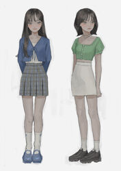  2girls absurdres arms_behind_back blue_eyes blue_footwear blue_shirt blue_skirt brown_hair closed_mouth collarbone commentary_request full_body green_eyes green_shirt high-waist_skirt highres jewelry long_hair long_sleeves looking_at_viewer midriff_peek multiple_girls necklace original plaid plaid_skirt pleated_skirt shirt short_hair short_sleeves simple_background skirt socks standing white_background white_shirt white_skirt white_socks yudouhu_(yudouhu_yu_102) 