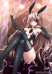  adsouto ahoge android animal_ears blonde_hair boots breasts crossed_legs detached_collar detached_sleeves eyepatch fake_animal_ears female frown highres leotard long_hair medium_breasts nemesis_(tower_of_fantasy) nontraditional_playboy_bunny playboy_bunny red_eyes signature solo strapless strapless_leotard thigh_boots tower_of_fantasy very_long_hair 