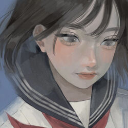  black_sailor_collar blue_background brown_eyes brown_hair closed_mouth commentary english_commentary expressionless female neckerchief original red_lips red_neckerchief sailor_collar school_uniform serafuku shirt short_hair simple_background solo white_shirt yudouhu_(yudouhu_yu_102) 