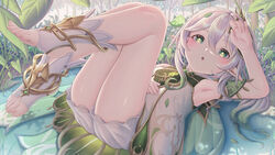  :o arm_up armpits bangs bare_legs bare_shoulders bloomers blush braid colored_tips cross-shaped_pupils crown_braid detached_sleeves dress fat123 feet female flat_chest full_body genshin_impact gradient_hair green_eyes green_hair green_sleeves hair_ornament hand_on_own_head hand_on_own_stomach highres leaf leaf_hair_ornament legs legs_up long_hair looking_at_viewer lying multicolored_hair nahida_(genshin_impact) nature no_shoes on_back open_mouth outdoors plant pointy_ears short_dress short_sleeves side_ponytail sidelocks sleeveless sleeveless_dress socks solo stirrup_legwear sweat symbol-shaped_pupils thighs toeless_legwear toenails toes tree two-tone_hair underwear water white_bloomers white_dress white_hair white_socks 