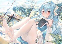  :o blue_hair blue_nails blush book bow braid chen_bin commission feet female hair_between_eyes hair_ornament hairbow highres holding holding_book long_hair long_sleeves looking_at_viewer nail_polish no_shoes open_mouth original panties panties_under_pantyhose pantyhose plant qiya_(kia_098) red_eyes sitting skirt soles solo straight_hair thighband_pantyhose toes underwear white_bow white_pantyhose 