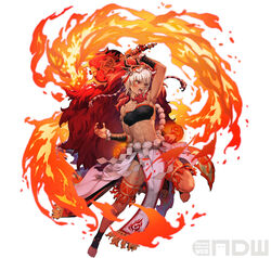  absurdres arm_up armpits bandages bandeau bare_legs bare_shoulders breasts chest_sarashi chyko dark-skinned_female dark_skin facial_mark female fire fire_emblem fire_emblem_fates fire_emblem_heroes full_body hair_between_eyes hand_fan highres holding holding_fan long_hair mask mask_on_head medium_breasts midriff multicolored_hair muscular muscular_female navel official_alternate_costume official_art open_mouth paper_fan red_eyes red_hair rinkah_(fire_emblem) rinkah_(flame)_(fire_emblem) sarashi simple_background skirt solo stomach strapless thigh_strap tube_top two-tone_hair uchiwa very_long_hair whisker_markings white_background white_hair white_skirt 