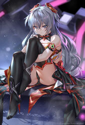  bare_arms bare_shoulders black_legwear black_panties bow breasts bronya_zaychik drill_hair feet female ginklaga grey_eyes grey_hair hair_ornament hairbow hairclip highres honkai_(series) honkai_impact_3rd long_hair looking_at_viewer no_shoes panties sidelocks sitting skirt small_breasts twin_drills underwear 