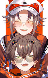  2boys alban_knox bad_id bad_pixiv_id black_jacket border brown_hair closed_eyes commentary_request earrings fangs fox_hat green_eyes grey_eyes head_on_head head_rest headpiece heterochromia highres hug hug_from_behind jacket jewelry long_sleeves male_focus multiple_boys mysta_rias mysta_rias_(1st_costume) nagikiho nijisanji nijisanji_en open_mouth orange_background orange_shirt round_eyewear shirt short_hair single_earring smile sunglasses virtual_youtuber white_border white_headwear 