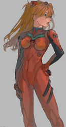  absurdres blue_eyes bodysuit breasts commentary feet_out_of_frame female grey_background hairpods hand_on_own_hip highres interface_headset legs_apart long_hair looking_away neon_genesis_evangelion open_mouth orange_hair plugsuit red_bodysuit simple_background skin_tight small_breasts solo souryuu_asuka_langley yudouhu_(yudouhu_yu_102) 