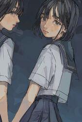  2girls black_hair black_sailor_collar black_skirt blue_eyes closed_mouth commentary_request highres holding_hands looking_at_viewer looking_back multiple_girls night night_sky original outdoors overcast pleated_skirt sailor_collar school_uniform serafuku shirt short_hair short_sleeves skirt sky white_shirt yudouhu_(yudouhu_yu_102) 