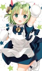  :d absurdres ahoge animal_ears animal_hat apron arm_up bell blue_bow blue_dress blush bow cat_ears cat_hat collared_dress commentary dejiko di_gi_charat dress fake_animal_ears female frilled_apron frills green_eyes green_hair hair_bell hair_ornament hairbow hat highres idemitsu jingle_bell maid mittens open_mouth parted_bangs paw_shoes puffy_short_sleeves puffy_sleeves shoes short_sleeves smile socks solo standing standing_on_one_leg starry_background white_apron white_background white_footwear white_hat white_mittens white_socks 