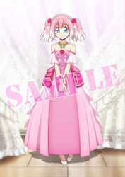  bare_shoulders blue_eyes closed_mouth curtains dress female flower full_body hair_flower hair_ornament high_heels hiiragi_nana jewelry looking_at_viewer munou_na_nana necklace official_art pink_dress pink_footwear pink_hair rose sample_watermark smile solo standing watermark 