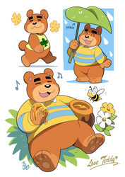  animal_crossing anthro arthropod bear bee bottomless chibi clothed clothing eyebrows food honey_(food) hymenopteran insects leaf male mammal nintendo raining shirt slightly_chubby solo takataka teddy_(animal_crossing) thick_eyebrows topwear umbrella 