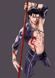  1boy abs biceps blue_hair bodypaint bracelet chest_strap collarbone crescent crescent_necklace cu_chulainn_(fate) cu_chulainn_(fate/stay_night) cu_chulainn_(second_ascension)_(fate) detached_sleeves earrings fate/grand_order fate/stay_night fate_(series) gae_bolg_(fate) grey_background grin holding holding_polearm holding_weapon jewelry looking_at_viewer male_focus multiple_bracelets muscular muscular_male necklace nipples oerba_yun_fang official_alternate_costume pants pectorals polearm red_eyes short_hair signature simple_background skin_tight smile solo spear spiked_hair weapon yococco 