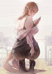  ass azur_lane bare_shoulders black_footwear black_pantyhose black_skirt blush book breasts brown_hair closed_mouth female from_behind glance glasses hand_on_own_ass high_heels holding holding_book implacable_(azur_lane) implacable_(shepherd_of_the_&quot;lost&quot;)_(azur_lane) large_breasts long_hair long_sleeves looking_at_viewer looking_back off_shoulder official_alternate_costume pantyhose red_eyes sea_nami shirt shirt_tucked_in signature skirt smile solo squatting thong underwear very_long_hair white_shirt 