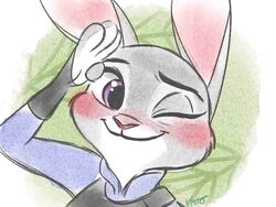  2016 anthro blush disney fur gesture grey_body grey_fur judy_hopps kaho lagomorph leporid mammal one_eye_closed purple_eyes rabbit salute smile solo wink zootopia 