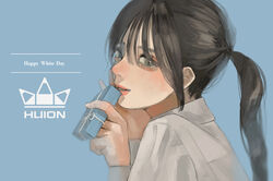  absurdres blue_background brown_eyes brown_hair collared_shirt commentary_request female gift hands_up happy_white_day highres holding holding_gift huion long_hair long_sleeves looking_at_viewer looking_to_the_side original parted_lips ponytail shirt simple_background solo upper_body white_day white_shirt yudouhu_(yudouhu_yu_102) 