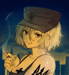  arm_tattoo blonde_hair breast_tattoo breasts cigarette cityscape cleavage female green_sports_bra hat holding holding_cigarette large_breasts looking_at_viewer marichka military_hat original russo-ukrainian_war short_hair smoke smoking solo sports_bra tattoo tryzub usergore 