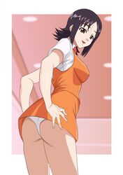  agent_aika aika_(series) ass black_hair blue_delmo breasts brown_eyes chobi_kuma commentary_request female from_behind hands_on_own_hips large_breasts leaning_forward looking_at_viewer looking_back medium_breasts open_mouth orange_skirt orange_vest panties pantyshot pencil_skirt shirt short_hair short_sleeves simple_background skirt solo standing underwear uniform vest waitress waitress_delmo white_panties white_shirt 