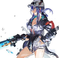  arknights baseball_cap black_shorts blue_hair breasts ch&#039;en_(arknights) ch&#039;en_the_holungday_(arknights) cleavage cowboy_shot dragon_girl dragon_horns dragon_tail earpiece eyewear_on_headwear female folded_ponytail frischenq from_side gun hand_on_own_hip hat holding holding_gun holding_weapon horns medium_breasts official_alternate_costume profile red_eyes shorts sidelocks simple_background solo sunglasses tail water_gun weapon wet white_background white_hat 