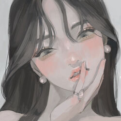  absurdres brown_eyes brown_hair commentary earrings english_commentary female grey_background hand_on_own_face head_tilt highres jewelry lips long_hair original parted_lips portrait ring simple_background solo yudouhu_(yudouhu_yu_102) 